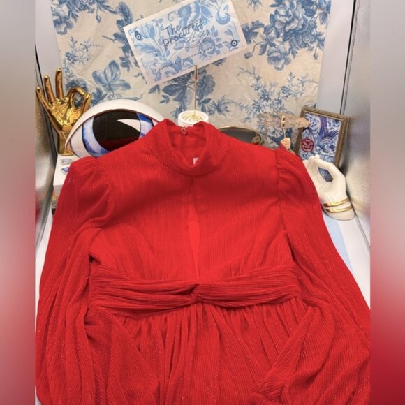 🆕 REBECCA VALLANCE 🧿 NWOT Samantha Cutout Metallic PlisseTulle Mini, Red, Sz 4 - Picture 2 of 16